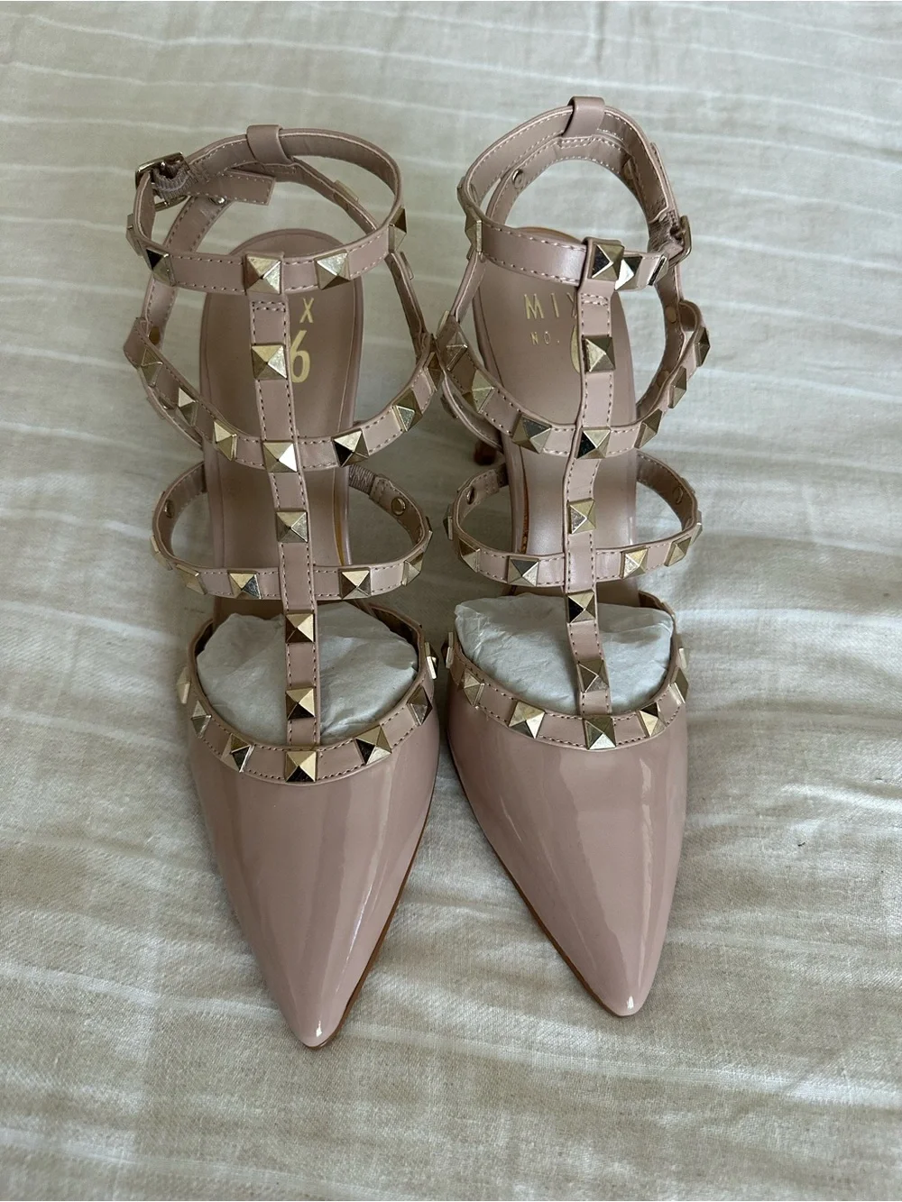 Mix No. 6 Nude Patent Studded Strappy Pointed-Toe Heels